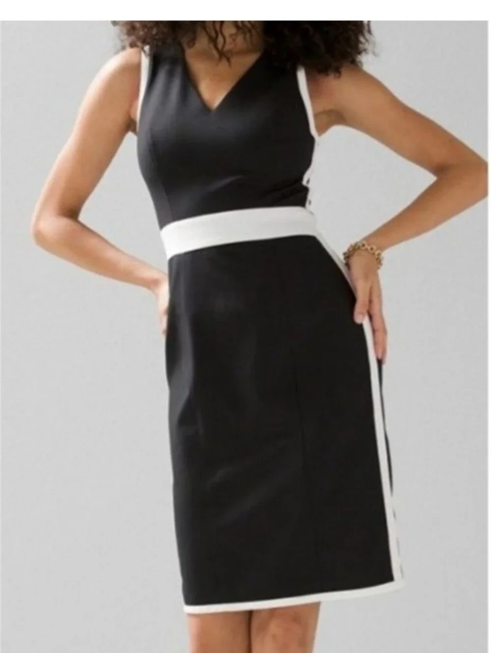 White House Black Market Black Dress with White Waist & Side Panels - Picture 5 of 7